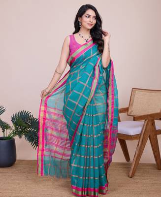 Sea green weaving jari designer kota doriya saree with blouse piece 1