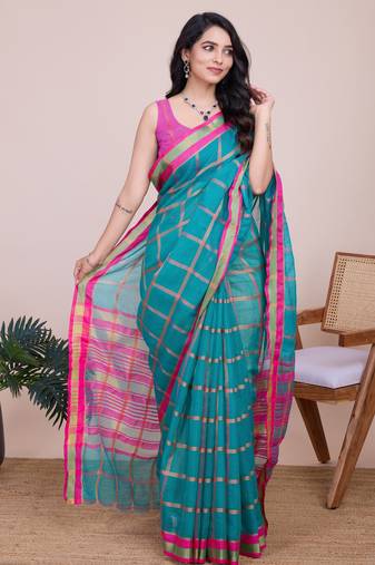 Sea green weaving jari designer kota doriya saree with blouse piece