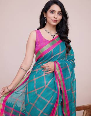 Sea green weaving jari designer kota doriya saree with blouse piece 4