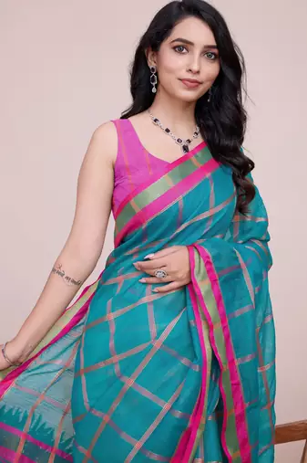 Sea green weaving jari designer kota doriya saree with blouse piece