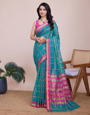 Sea green weaving jari designer kota doriya saree with blouse piece 5