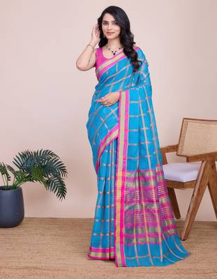 Turquoise weaving jari designer kota doriya saree with blouse piece 4
