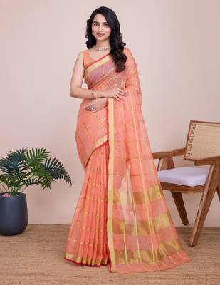 Orange weaving jari designer kota doriya saree with blouse piece 4