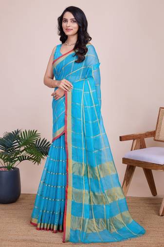 Blue weaving jari designer kota doriya saree with blouse piece