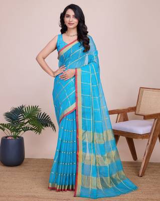 Blue weaving jari designer kota doriya saree with blouse piece 3