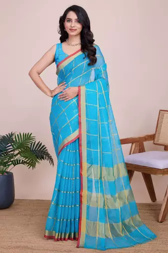 Blue weaving jari designer kota doriya saree with blouse piece