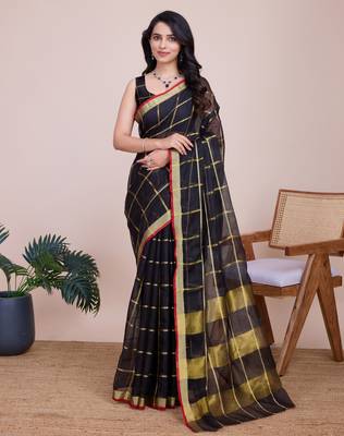 Black weaving jari designer kota doriya saree with blouse piece 5