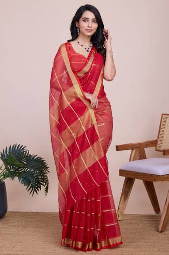 Red weaving jari designer kota doriya saree with blouse piece