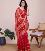 Red weaving jari designer kota doriya saree with blouse piece