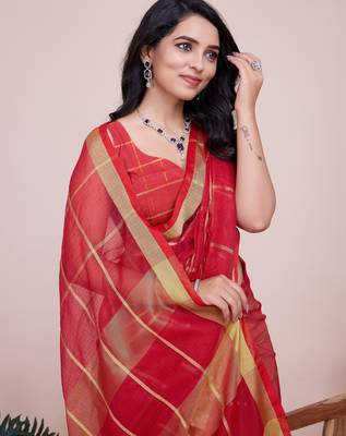 Red weaving jari designer kota doriya saree with blouse piece 3