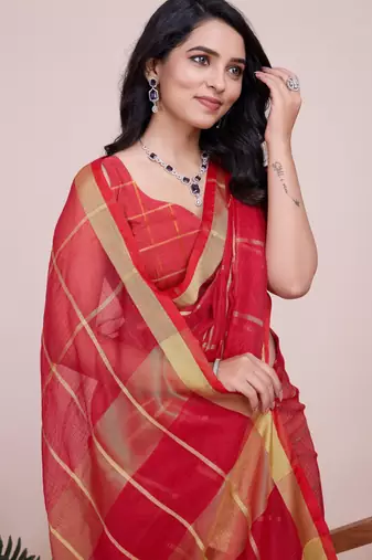 Red weaving jari designer kota doriya saree with blouse piece