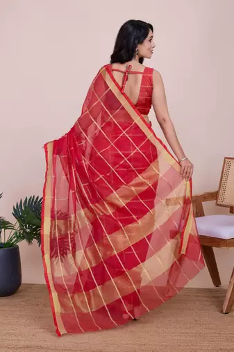Red weaving jari designer kota doriya saree with blouse piece