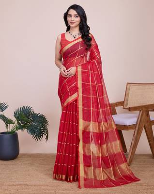 Red weaving jari designer kota doriya saree with blouse piece 5