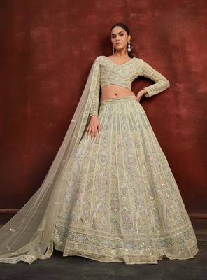 Light Gray Net Satin Bridal Lehenga with Heavy Embroidery Blouse 1