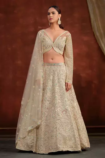 Cream Net Silk Bridal Wedding Lehenga with Heavy Embroidery Blouse