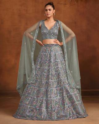 Dusty Dark Blue Net Satin Bridal Lehenga with Mirror & Stone Work Blouse 1
