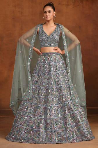 Dusty Dark Blue Net Satin Bridal Lehenga with Mirror & Stone Work Blouse