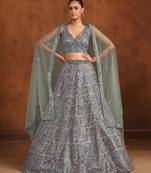 Dusty Dark Blue Net Satin Bridal Lehenga with Mirror & Stone Work Blouse