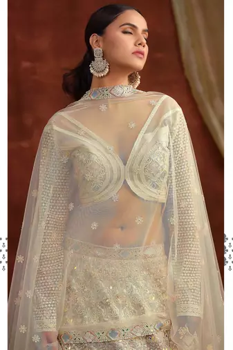 Cream Net Silk Bridal Wedding Lehenga with Heavy Embroidery Blouse