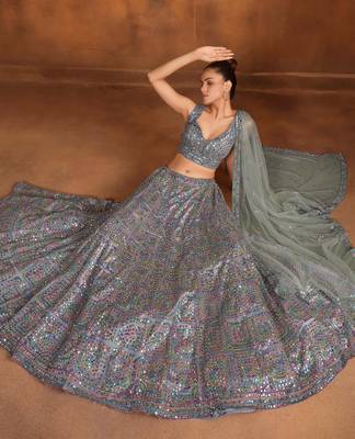 Dusty Dark Blue Net Satin Bridal Lehenga with Mirror & Stone Work Blouse 2