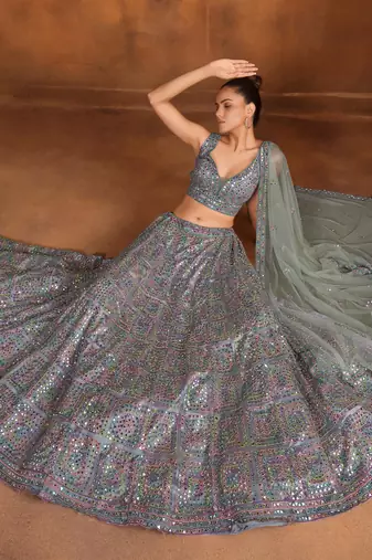 Dusty Dark Blue Net Satin Bridal Lehenga with Mirror & Stone Work Blouse