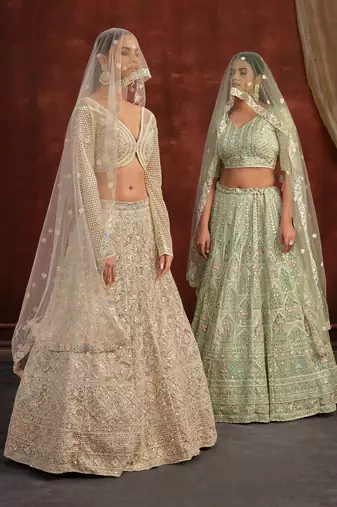 Cream Net Silk Bridal Wedding Lehenga with Heavy Embroidery Blouse
