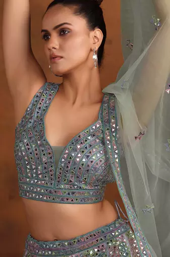 Dusty Dark Blue Net Satin Bridal Lehenga with Mirror & Stone Work Blouse