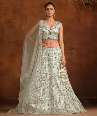 White Net Satin Bridal Lehenga with Mirror & Stone Work Blouse 1