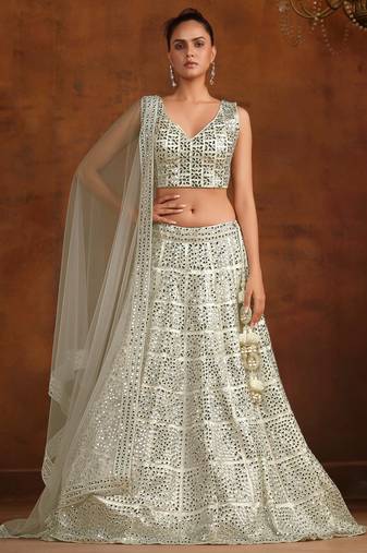 White Net Satin Bridal Lehenga with Mirror & Stone Work Blouse
