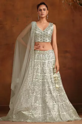 White Net Satin Bridal Lehenga with Mirror & Stone Work Blouse