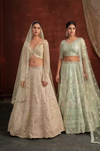 Cream Net Silk Bridal Wedding Lehenga with Heavy Embroidery Blouse