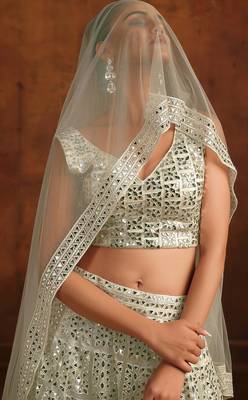 White Net Satin Bridal Lehenga with Mirror & Stone Work Blouse 2