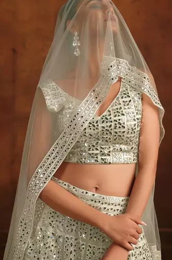 White Net Satin Bridal Lehenga with Mirror & Stone Work Blouse