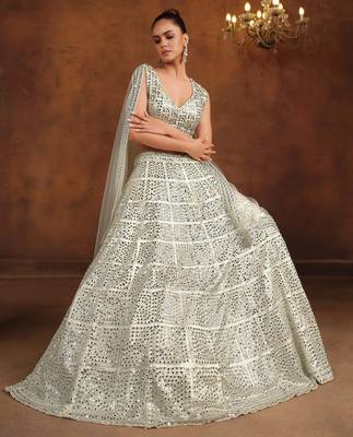 White Net Satin Bridal Lehenga with Mirror & Stone Work Blouse 3