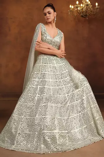 White Net Satin Bridal Lehenga with Mirror & Stone Work Blouse