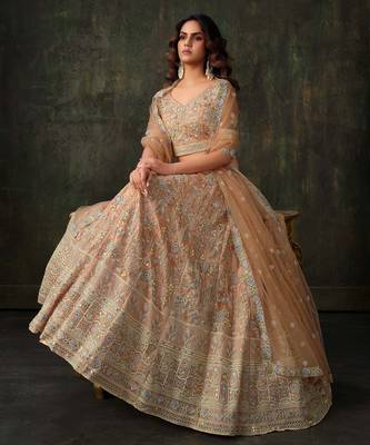 Peach Net Silk Wedding Lehenga with Heavy Handwork & Blouse 2