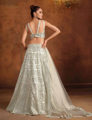 White Net Satin Bridal Lehenga with Mirror & Stone Work Blouse 4