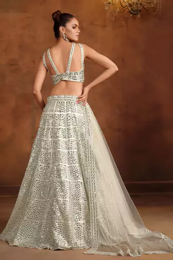 White Net Satin Bridal Lehenga with Mirror & Stone Work Blouse