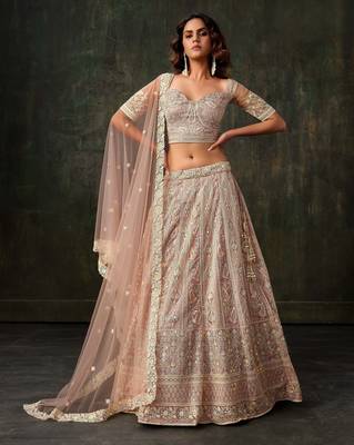 Baby Pink Net Silk Bridal Lehenga with Heavy Embroidery & Blouse 1