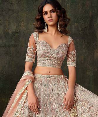 Baby Pink Net Silk Bridal Lehenga with Heavy Embroidery & Blouse 2