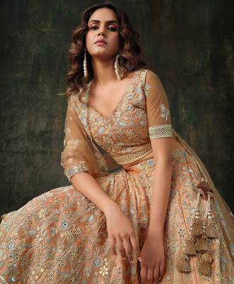 Peach Net Silk Wedding Lehenga with Heavy Handwork & Blouse 4