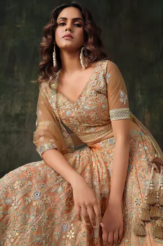 Peach Net Silk Wedding Lehenga with Heavy Handwork & Blouse