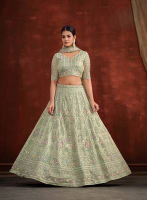 Pista Green Net Silk Party Wear Lehenga with Heavy Embroidery Blouse 1