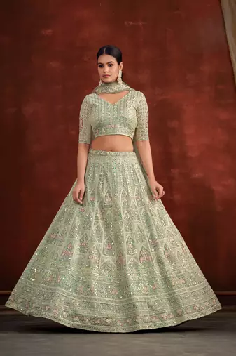 Pista Green Net Silk Party Wear Lehenga with Heavy Embroidery Blouse