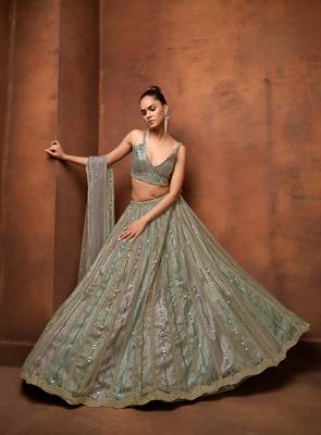 Gray & Multi Net Satin Wedding Lehenga with Heavy Embroidery Blouse 1