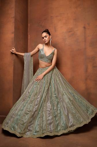 Gray & Multi Net Satin Wedding Lehenga with Heavy Embroidery Blouse