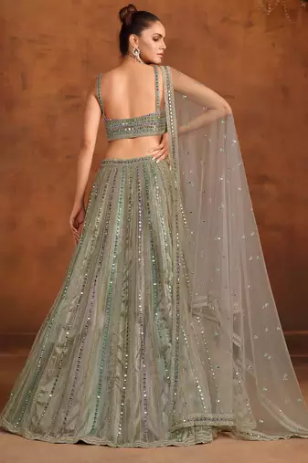 Gray & Multi Net Satin Wedding Lehenga with Heavy Embroidery Blouse