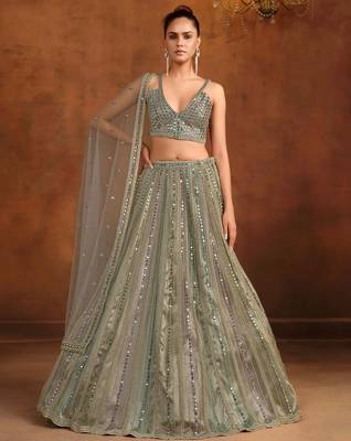 Gray & Multi Net Satin Wedding Lehenga with Heavy Embroidery Blouse 3