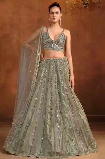 Gray & Multi Net Satin Wedding Lehenga with Heavy Embroidery Blouse