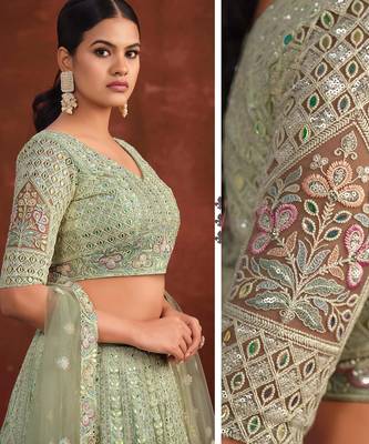Pista Green Net Silk Party Wear Lehenga with Heavy Embroidery Blouse 3